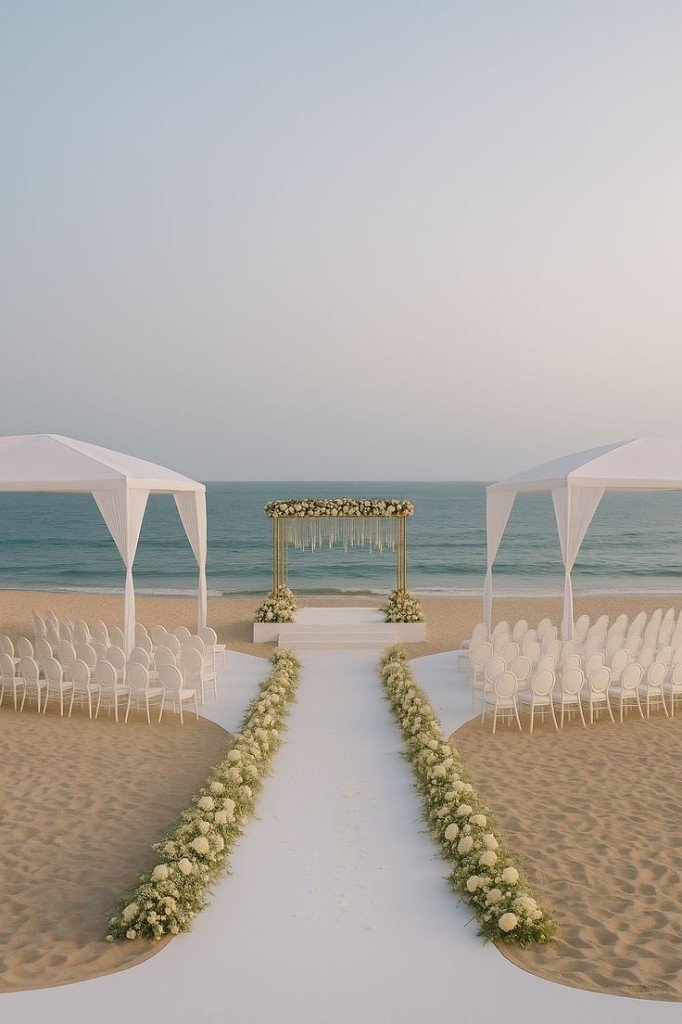 A flower-lined aisle facing the sea
